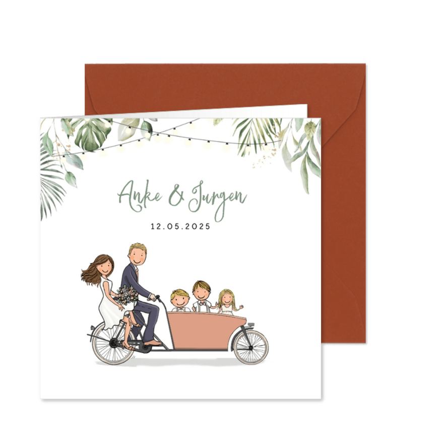 Trouwkaart bakfiets confetti av - Kaartimpressie