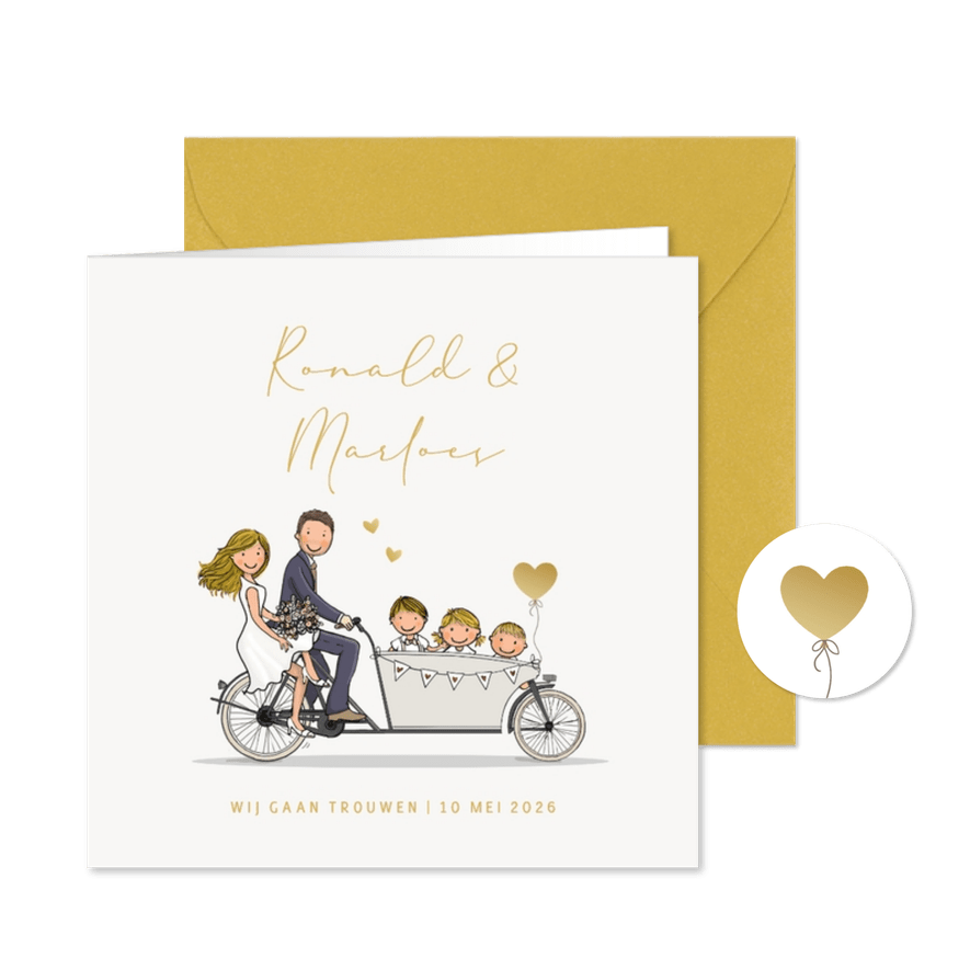 Trouwkaart bakfiets met gezin en hartjes - Kaartimpressie