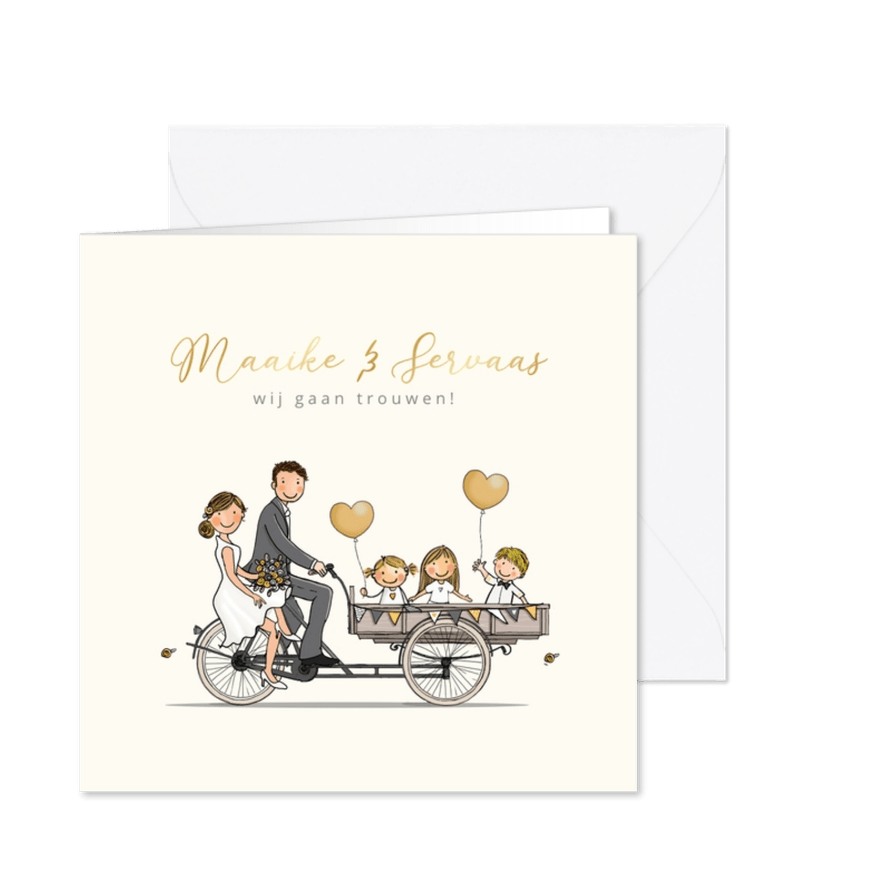 Trouwkaart bakfiets met kinderen geel - Kaartimpressie