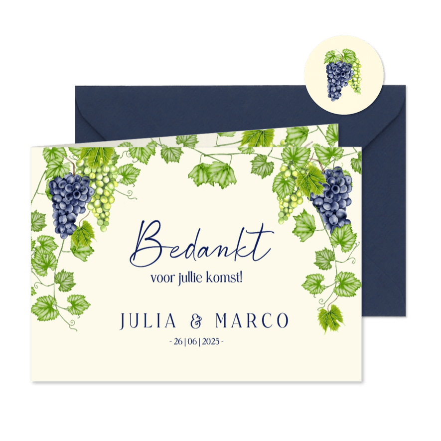 Trouwkaart bedankt blauwe en groene druiven - Kaartimpressie