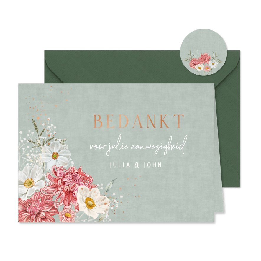 Trouwkaart bedankt dahliabloemen en herfstanemonen - Kaartimpressie