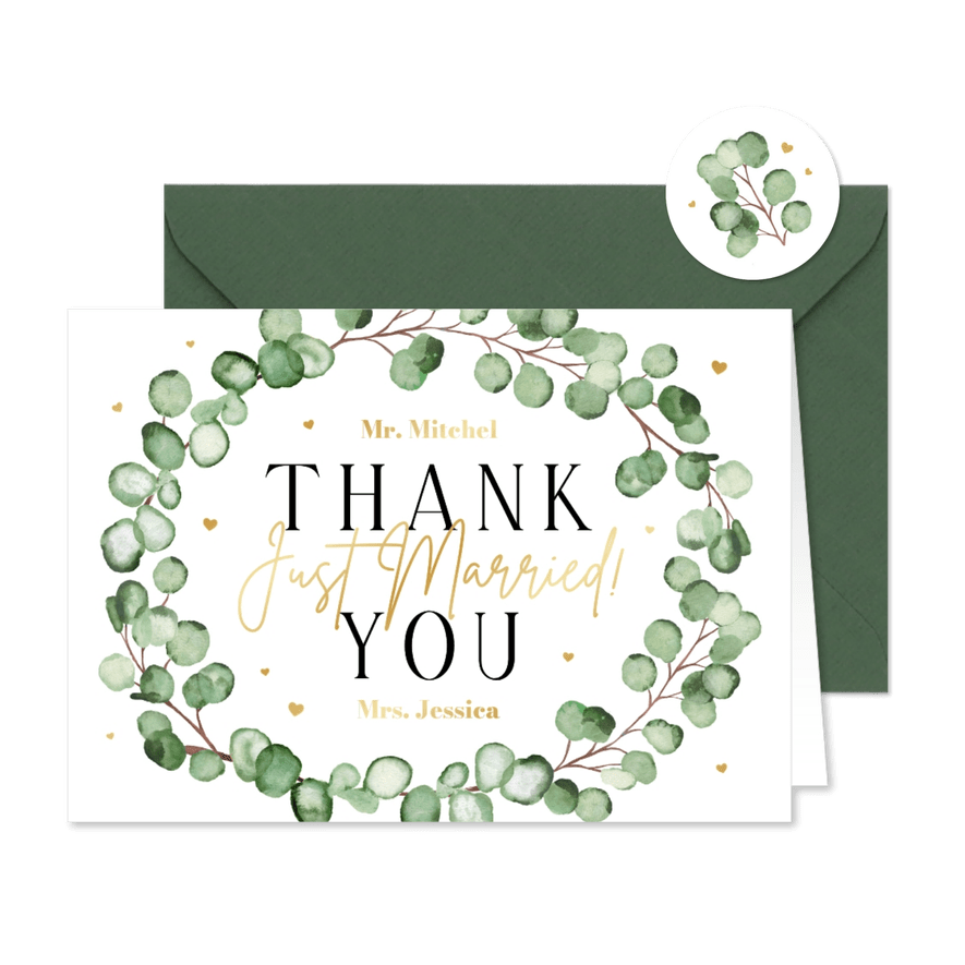 Trouwkaart bedankt eucalyptus stijlvol liefde hartjes goud - Kaartimpressie