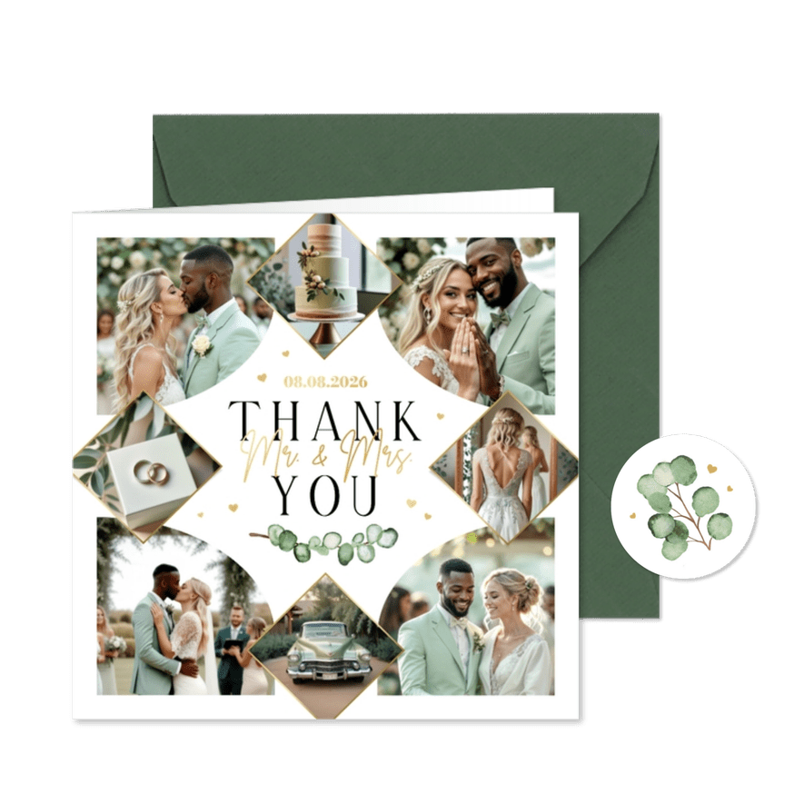 Trouwkaart bedankt fotocollage goud hartjes eucalyptus - Kaartimpressie