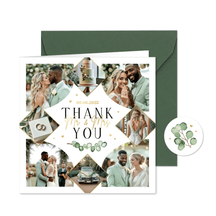 Trouwkaart bedankt fotocollage goud hartjes eucalyptus - Kaartimpressie