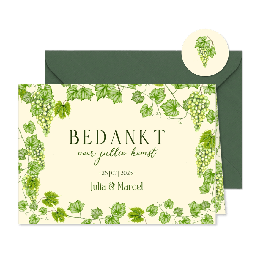Trouwkaart bedankt groene druiven - Kaartimpressie