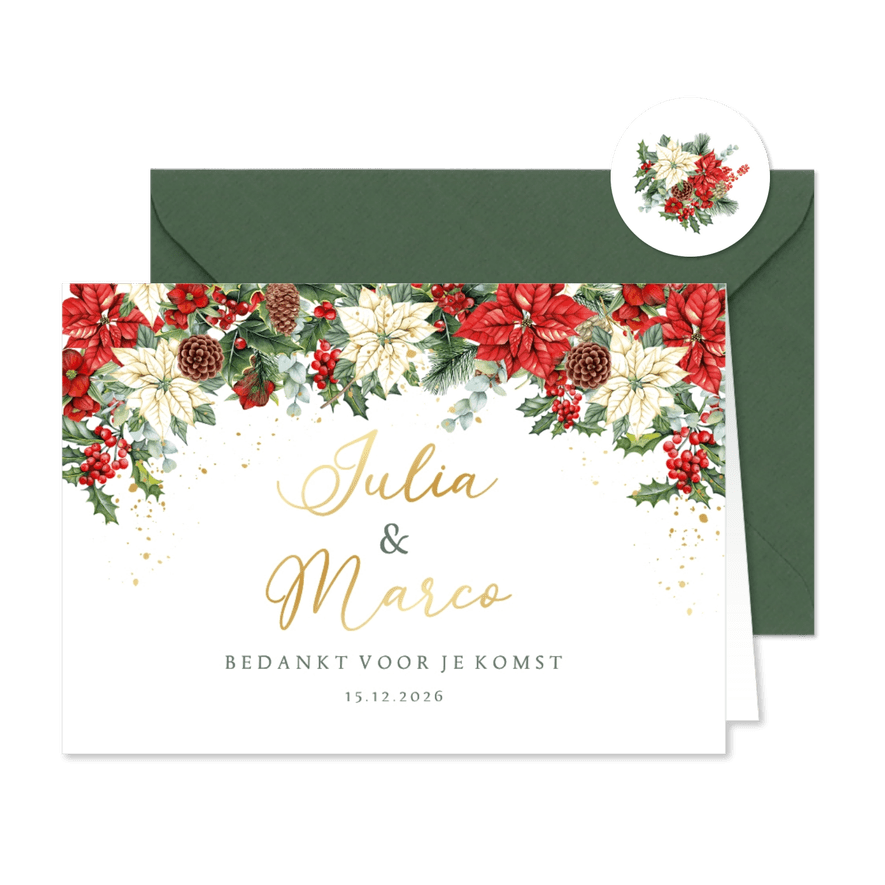 Trouwkaart bedankt kerststerren met kersttakken - Kaartimpressie