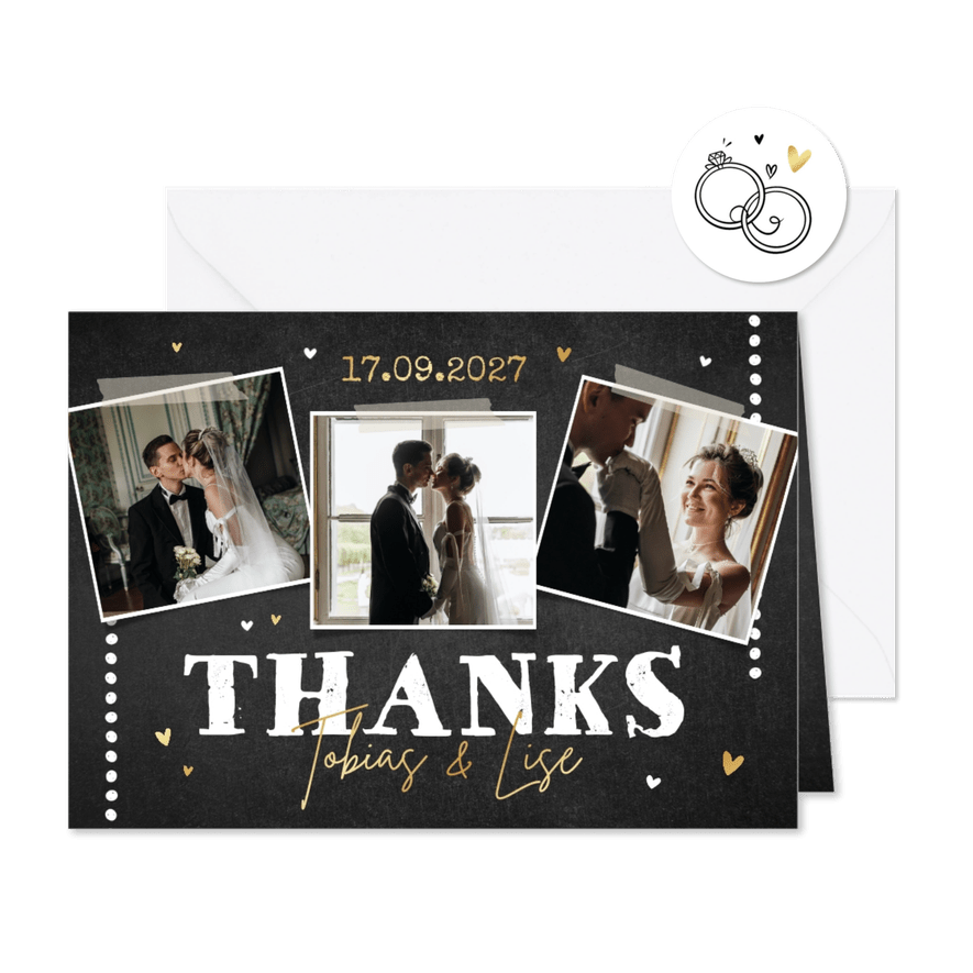 Trouwkaart bedankt krijtbord stoer hartjes fotocollage - Kaartimpressie