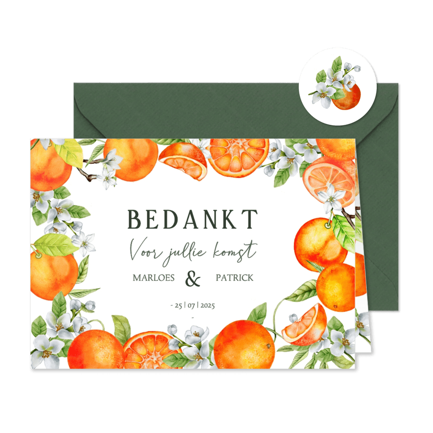 Trouwkaart bedankt sinaasappels met bloesem - Kaartimpressie