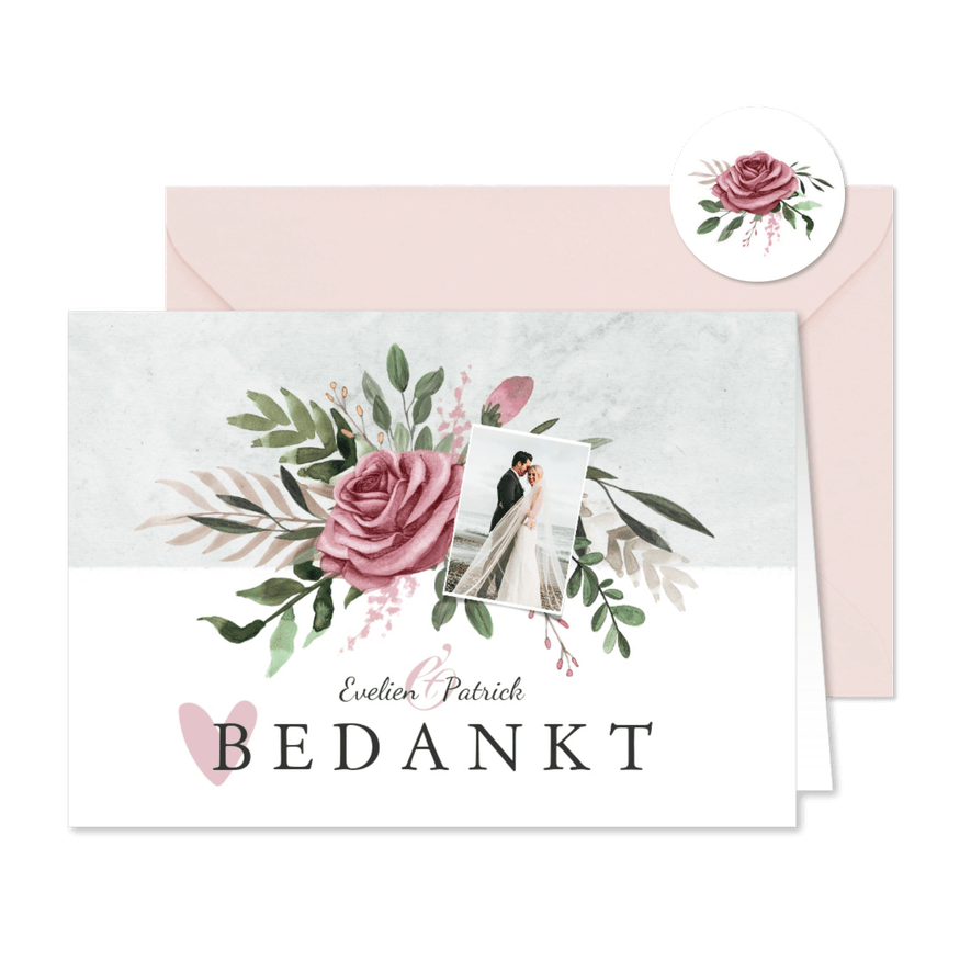 Trouwkaart bedankt stijlvol vintage bloemen - Kaartimpressie