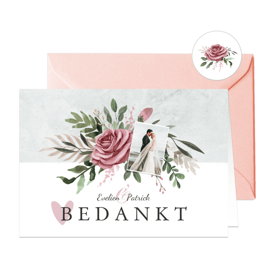 Trouwkaart bedankt stijlvol vintage bloemen - Kaartimpressie