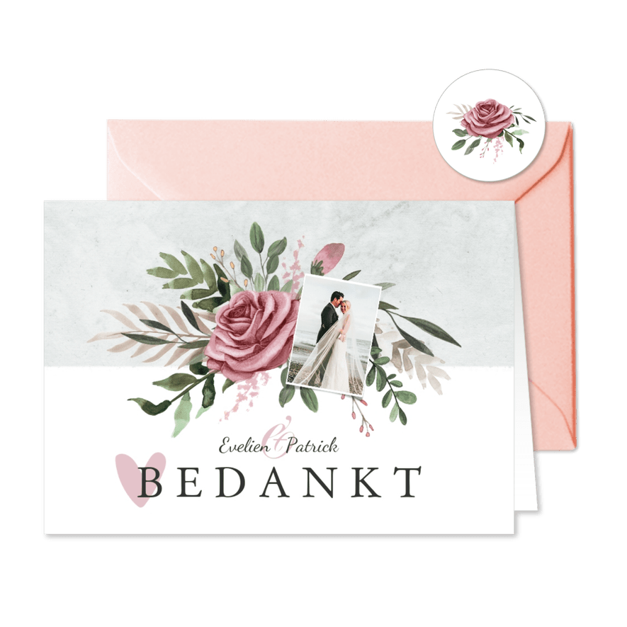 Trouwkaart bedankt stijlvol vintage bloemen - Kaartimpressie