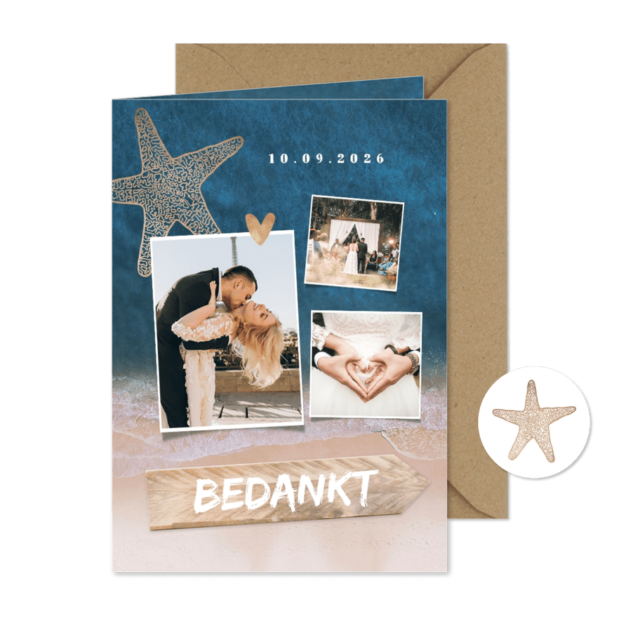 Trouwkaart bedankt strand zomer hout goud hartjes - Kaartimpressie