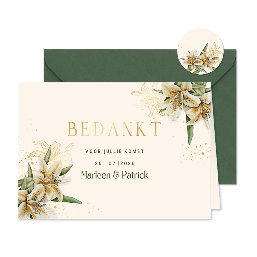 Trouwkaart bedankt witte lelie en echte goudfolie - Kaartimpressie