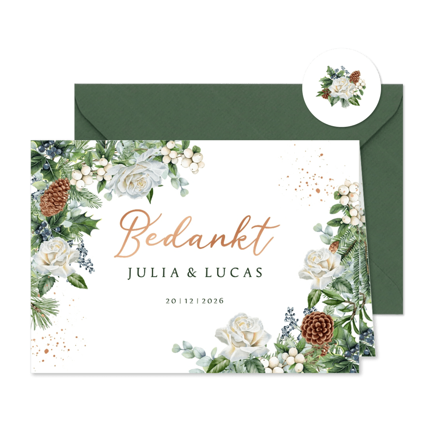 Trouwkaart bedankt witte rozen kerst - Kaartimpressie