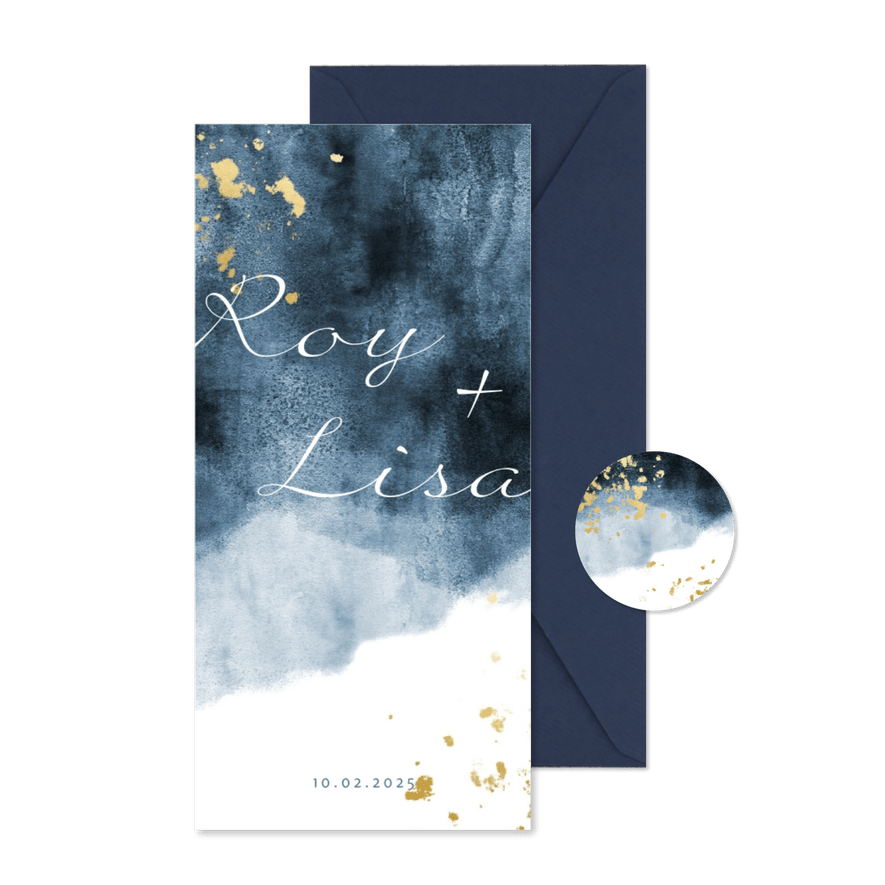 Trouwkaart blauwe waterverf gouden spetters - Kaartimpressie