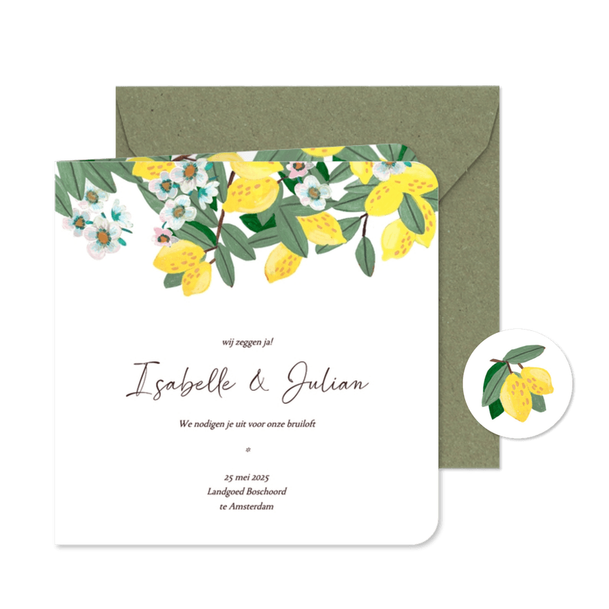 Trouwkaart bloemen en citroenen - Kaartimpressie