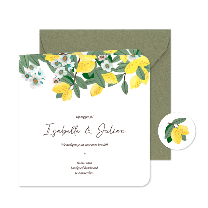 Trouwkaart bloemen en citroenen - Kaartimpressie