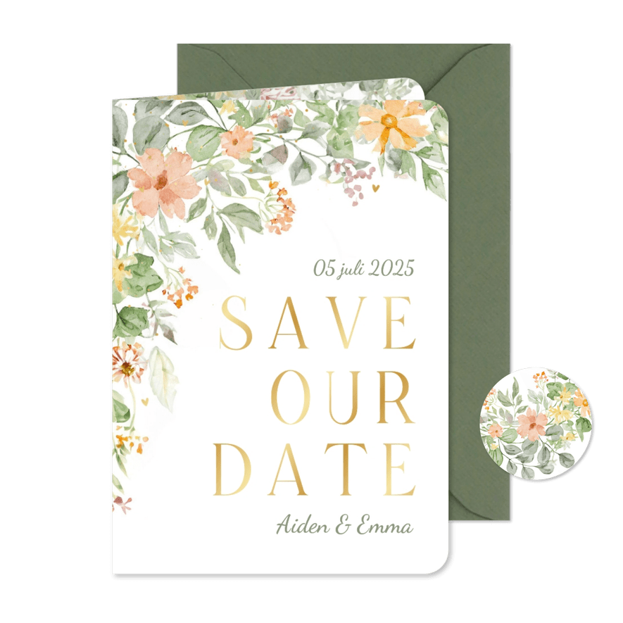 Trouwkaart bloemen in de hoek romantisch save the date - Kaartimpressie