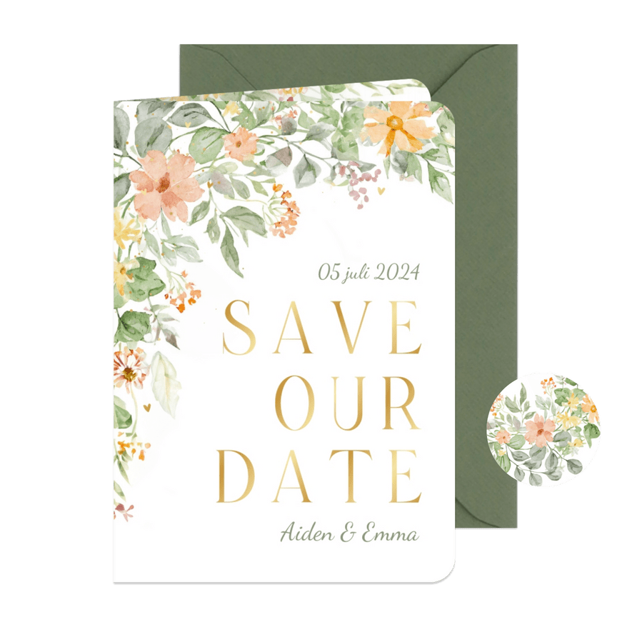 Trouwkaart bloemen in de hoek romantisch save the date - Kaartimpressie