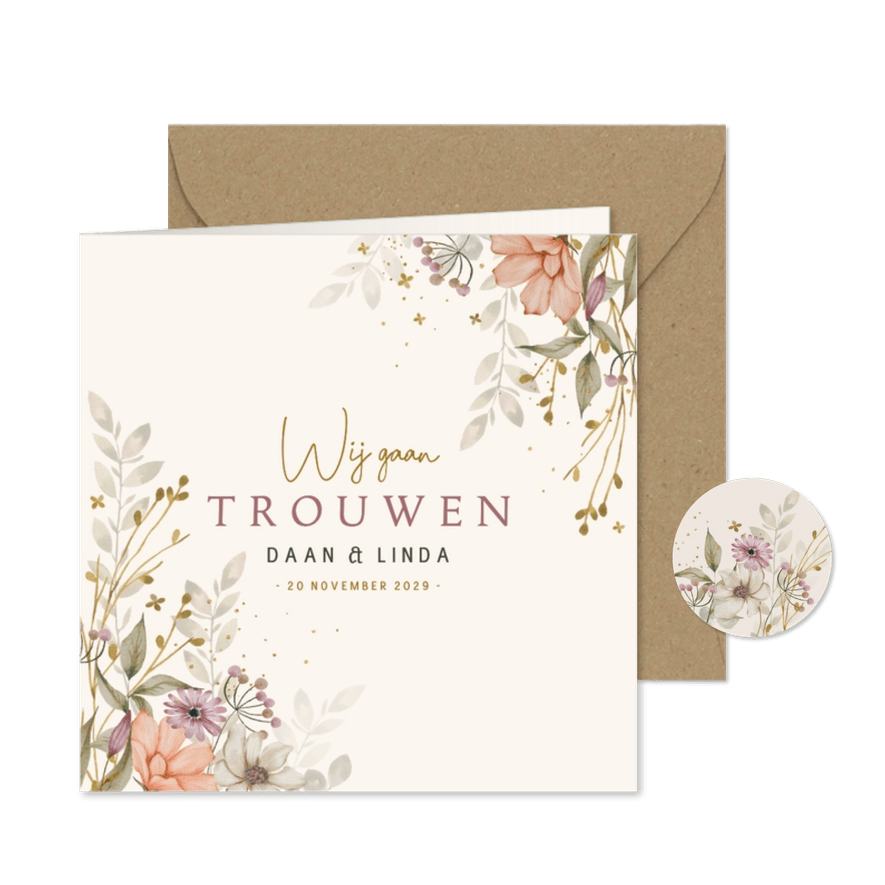Trouwkaart bloemen in herfsttinten - Kaartimpressie