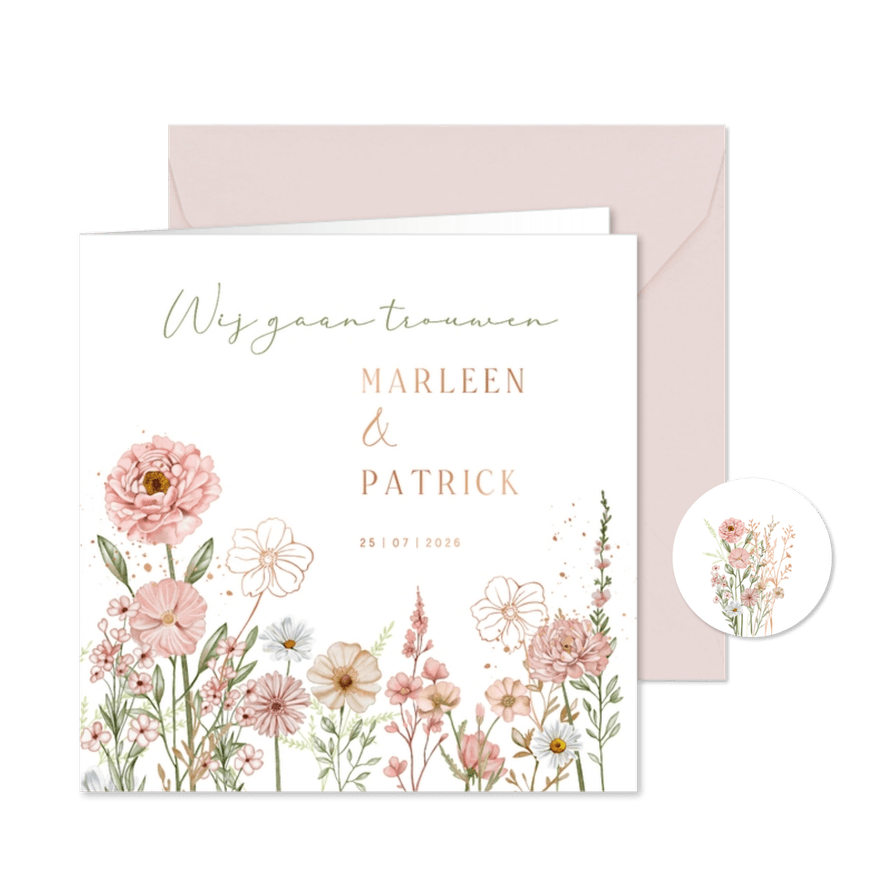 Trouwkaart bloemen in pastel - Kaartimpressie