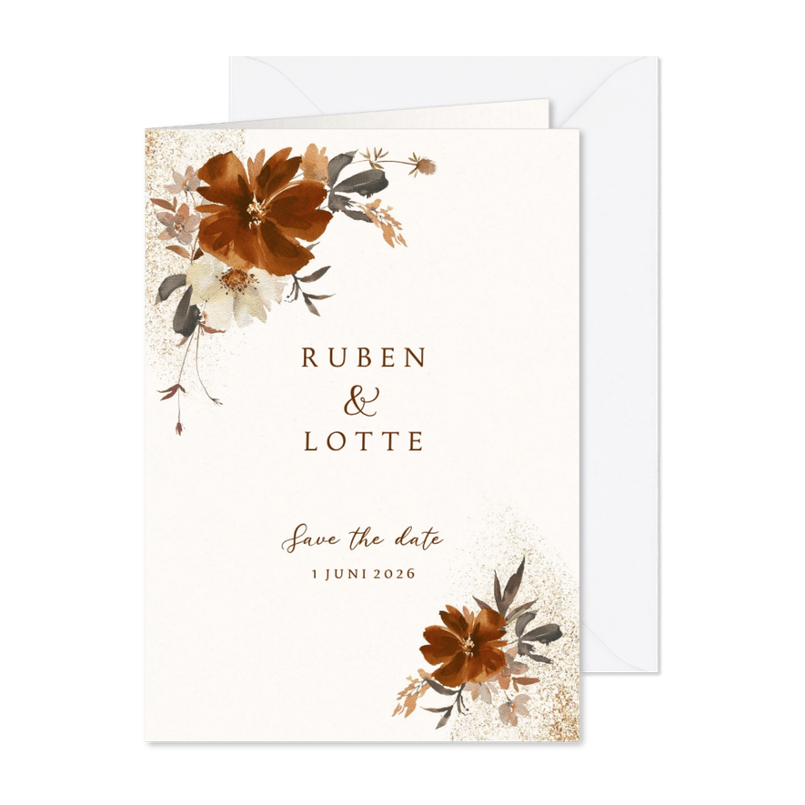 Trouwkaart bloemen terra - Kaartimpressie
