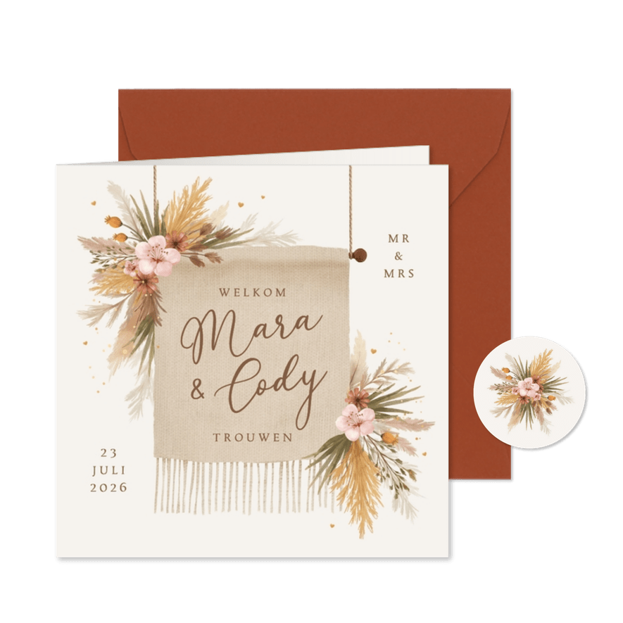 Trouwkaart bohemian bloemen pampasgras zomer strand katoen - Kaartimpressie
