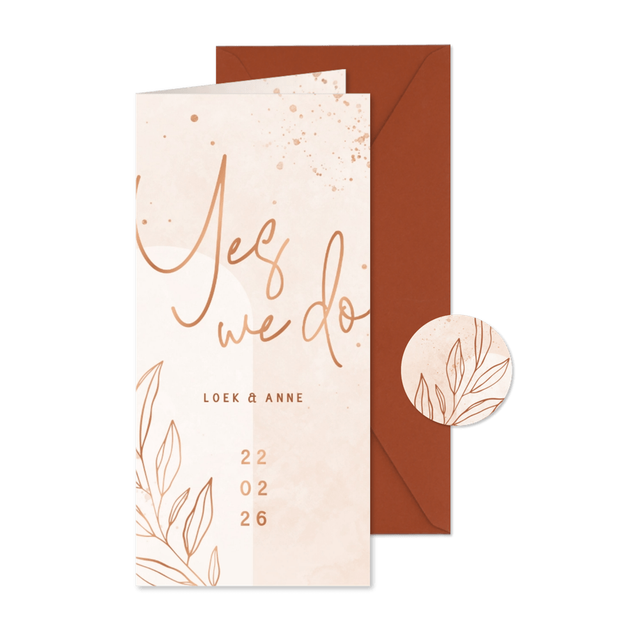 Trouwkaart bohemian lichtroze met koper - Kaartimpressie