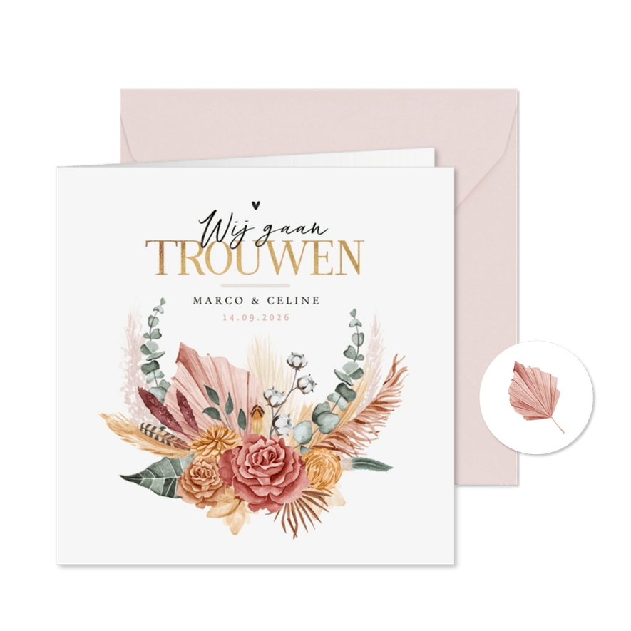 Trouwkaart bohemian stijlvol droogbloemen boeket - Kaartimpressie