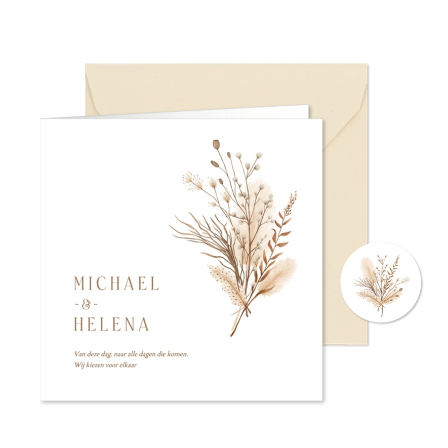 Trouwkaart bohemian stijlvol klassiek zomer gedroogde takjes - Kaartimpressie