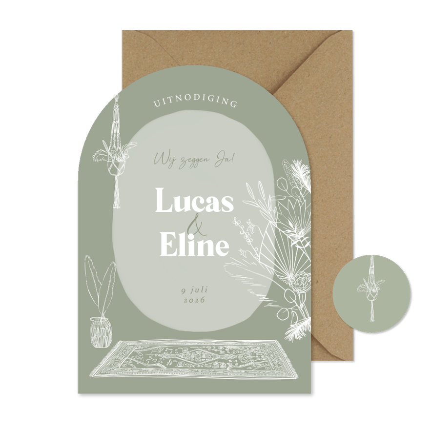 Trouwkaart boog uitnodiging lijntekening bohemian - Kaartimpressie