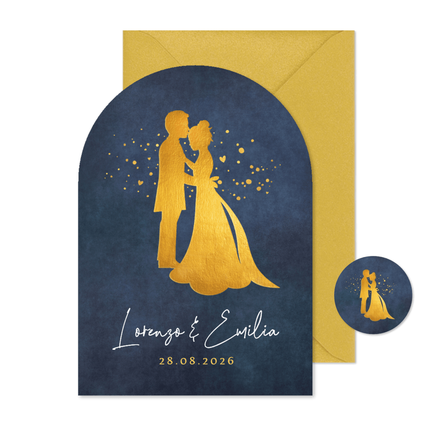 Trouwkaart boog vorm met silhouet van een bruidspaar - Kaartimpressie