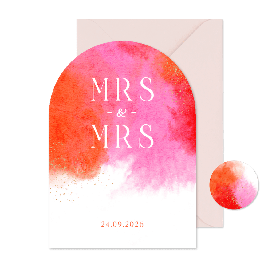 Trouwkaart boogkaart waterverf roze rood boogvorm stijlvol - Kaartimpressie