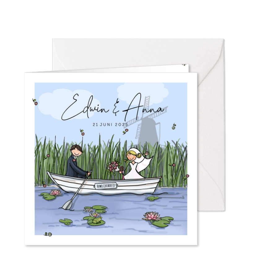 Trouwkaart boot Anet Illustraties - Kaartimpressie