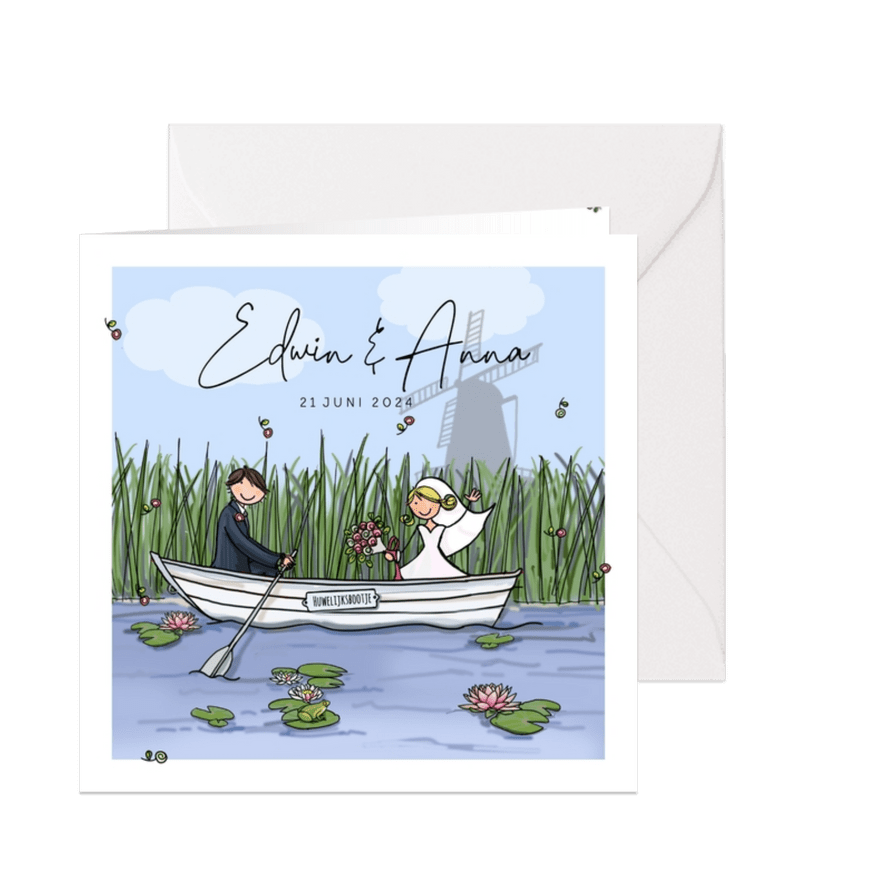 Trouwkaart boot Anet Illustraties - Kaartimpressie