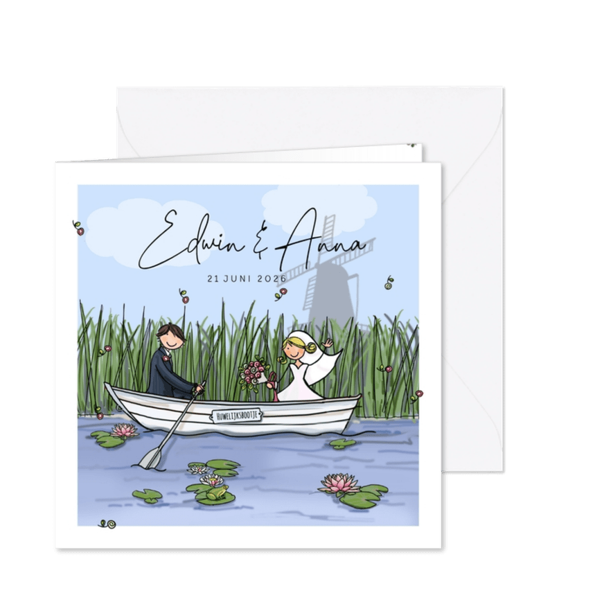 Trouwkaart boot Anet Illustraties - Kaartimpressie