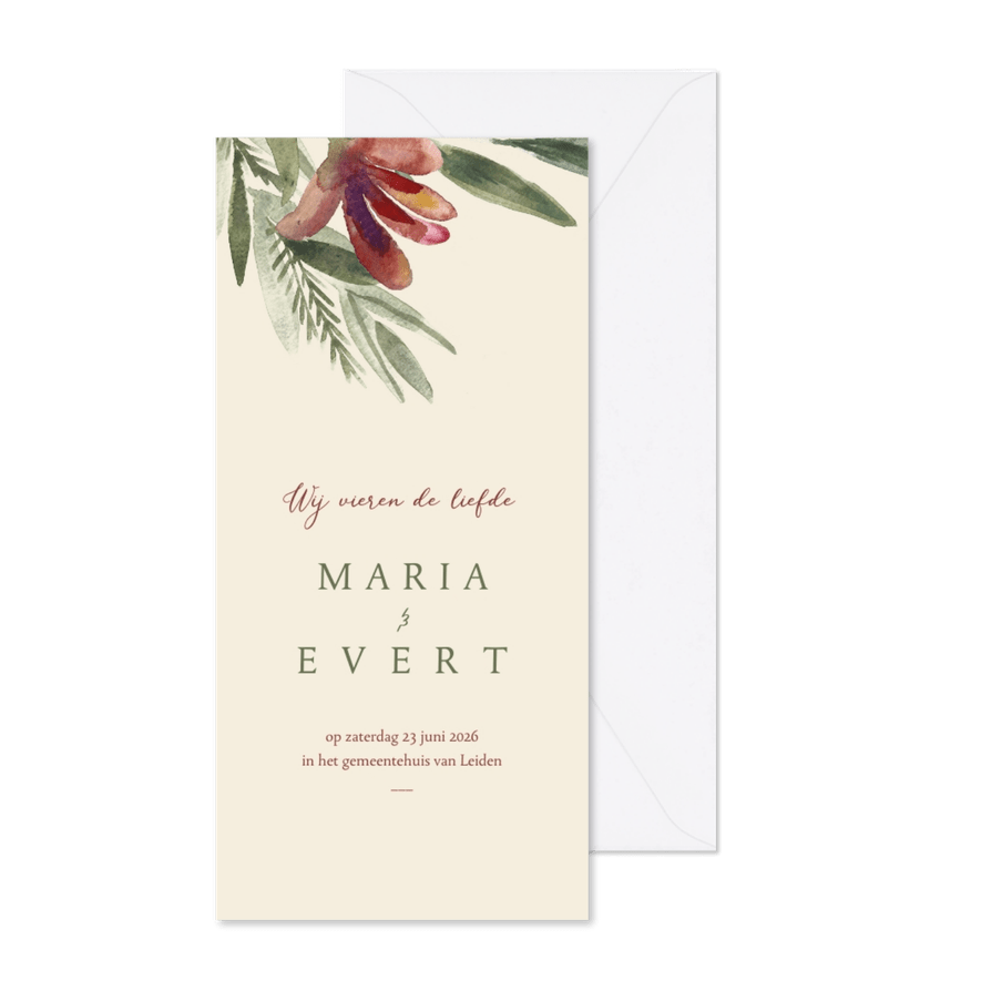 Trouwkaart botanisch bladeren waterverf groen - Kaartimpressie