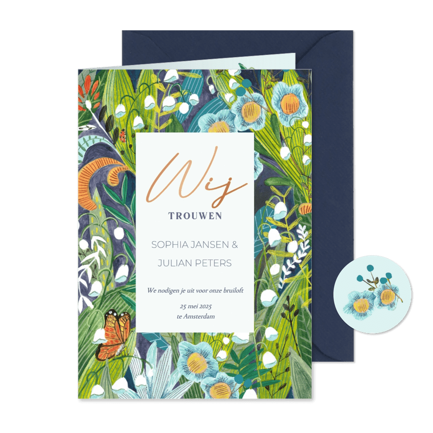 Trouwkaart botanisch bohemian bloemen - Kaartimpressie