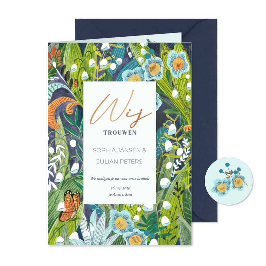 Trouwkaart botanisch bohemian bloemen - Kaartimpressie