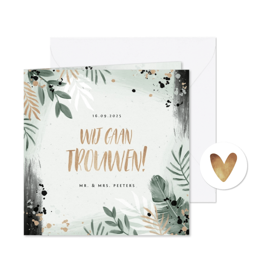 Trouwkaart botanisch goud waterverf stijlvol - Kaartimpressie