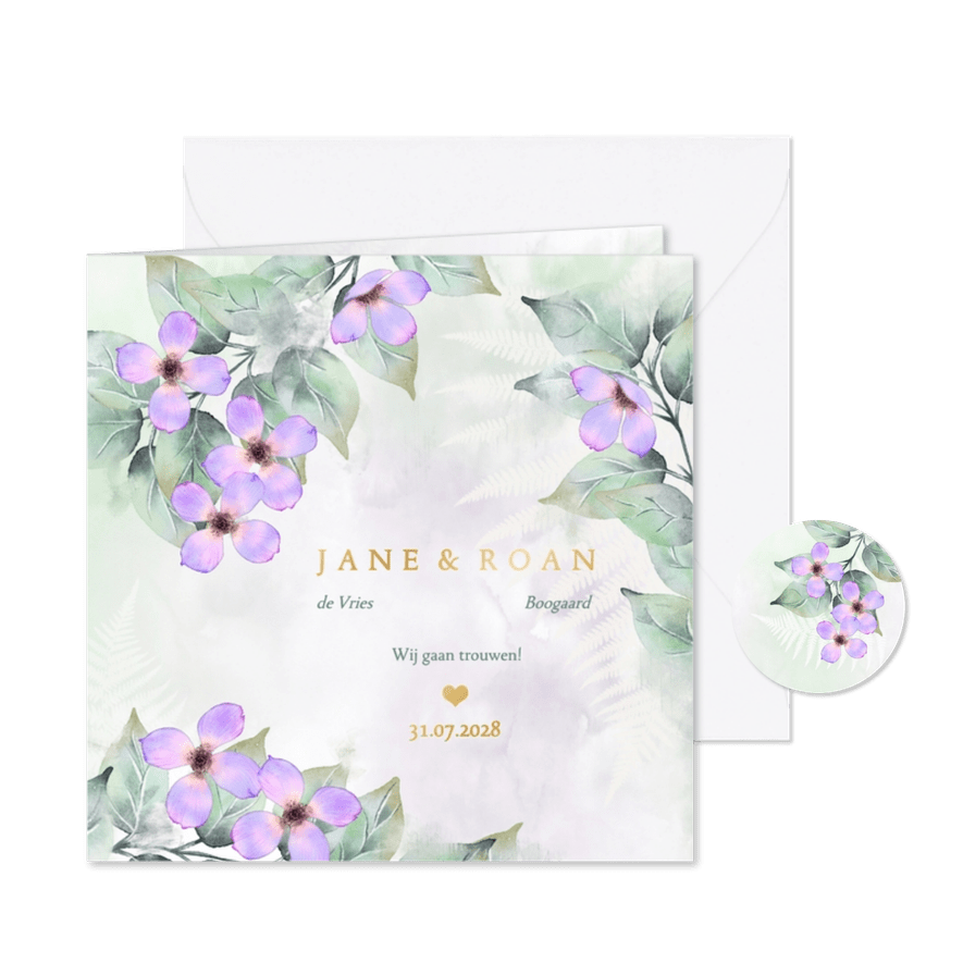 Trouwkaart botanisch lila-roze bloemen - Kaartimpressie