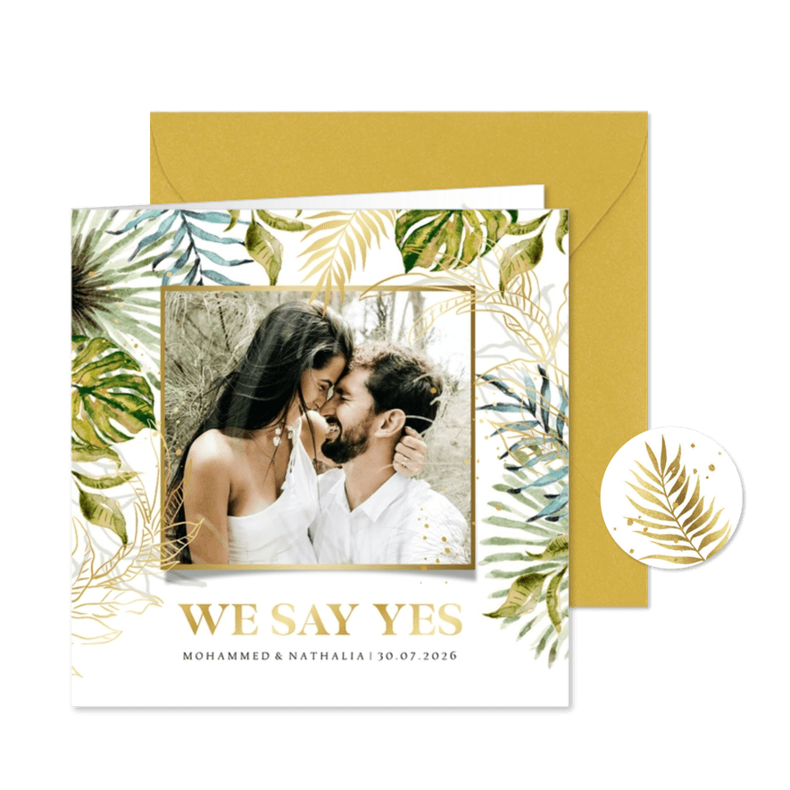 Trouwkaart botanisch watercolour lijnillustratie goud foto - Kaartimpressie