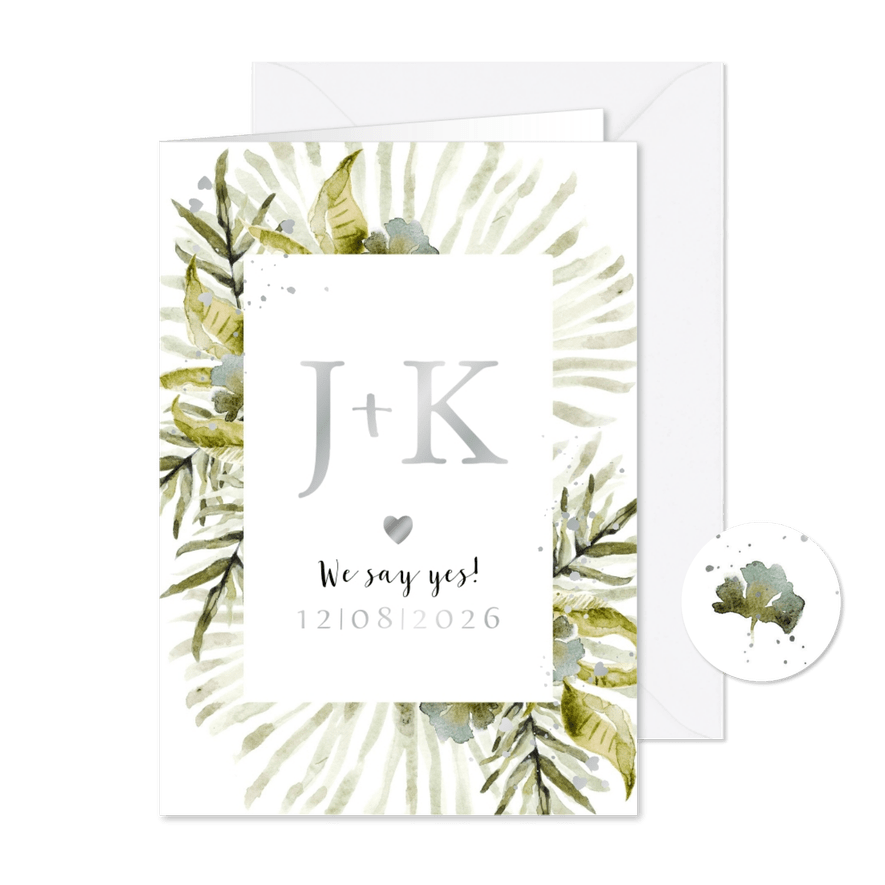 Trouwkaart botanisch watercolour zilverfolie hartjes - Kaartimpressie