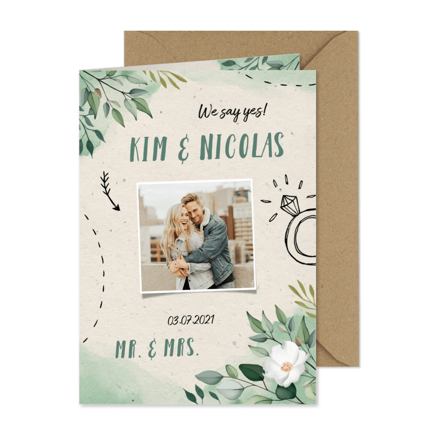 Trouwkaart botanisch waterverf doodle met foto - Kaartimpressie