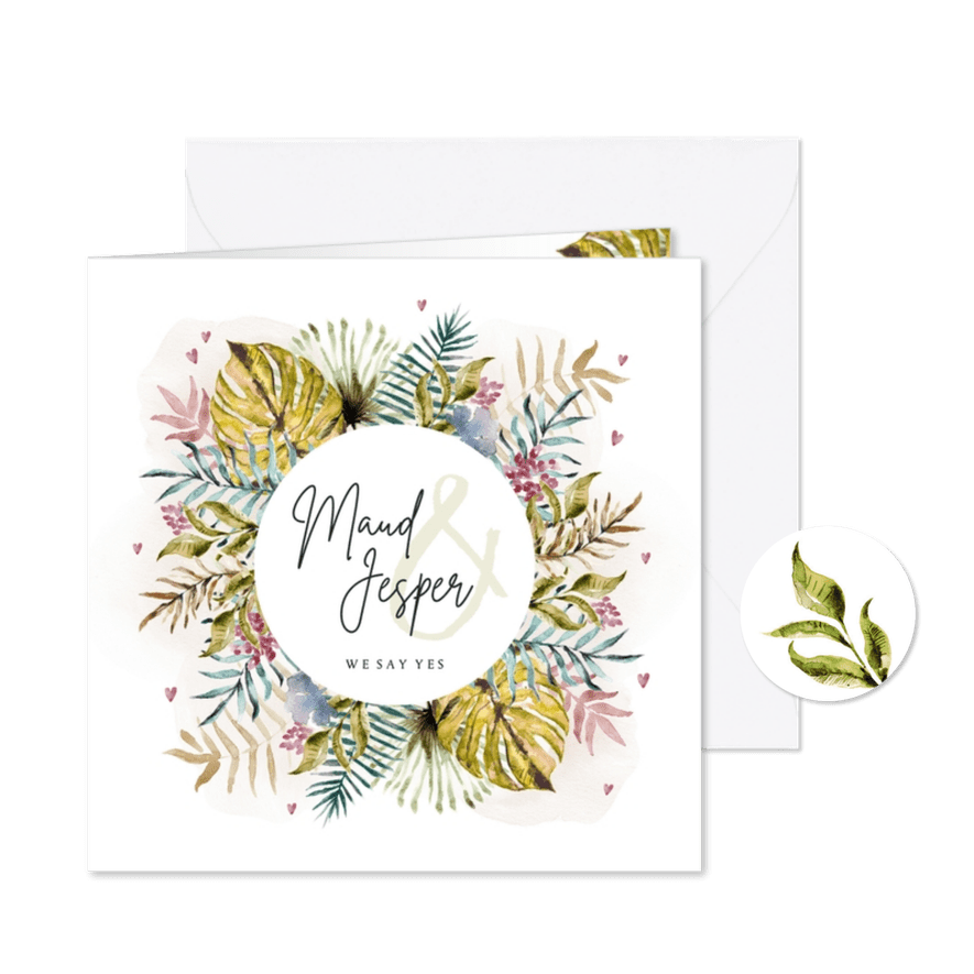 Trouwkaart botanische bladeren kleurrijk met hartjes - Kaartimpressie