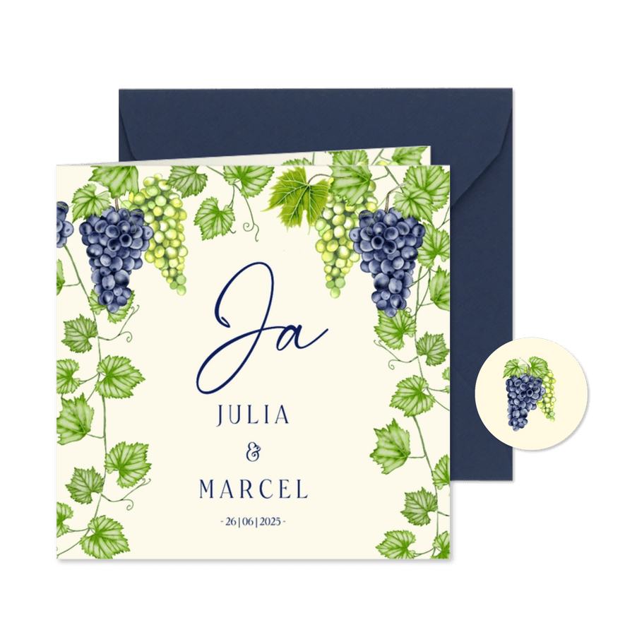 Trouwkaart botanische blauwe en groene druiven - Kaartimpressie