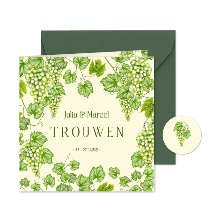Trouwkaart botanische druiven met druivenbladeren - Kaartimpressie
