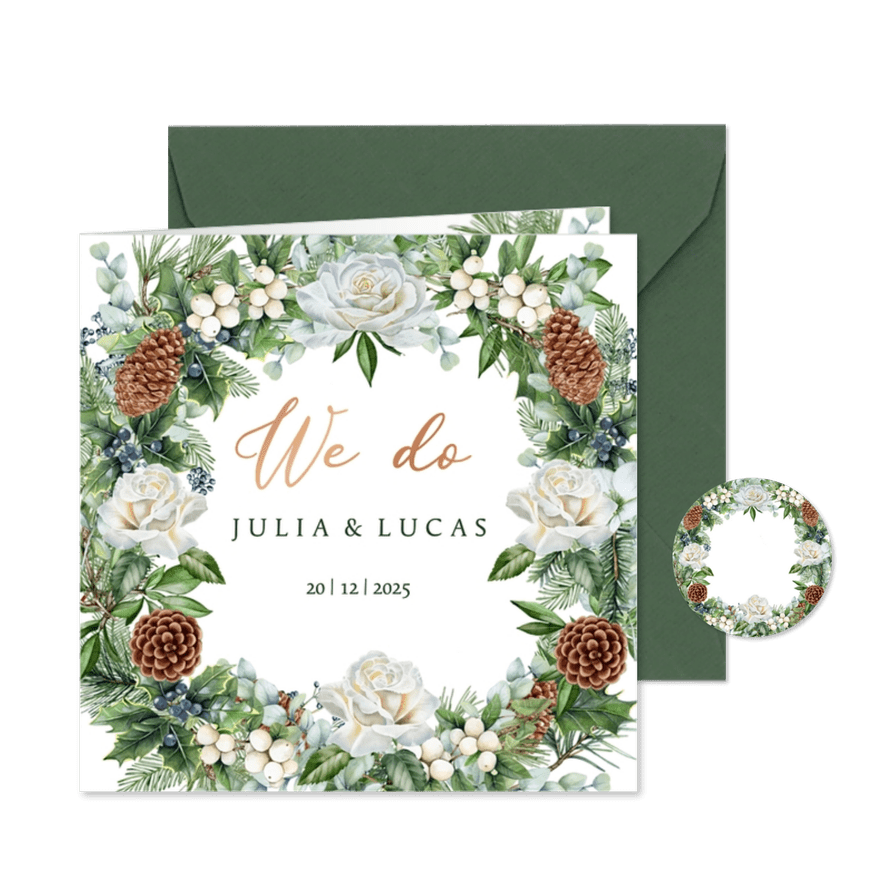Trouwkaart botanische krans winter - Kaartimpressie