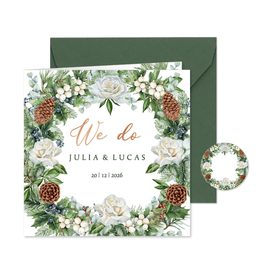 Trouwkaart botanische krans winter - Kaartimpressie
