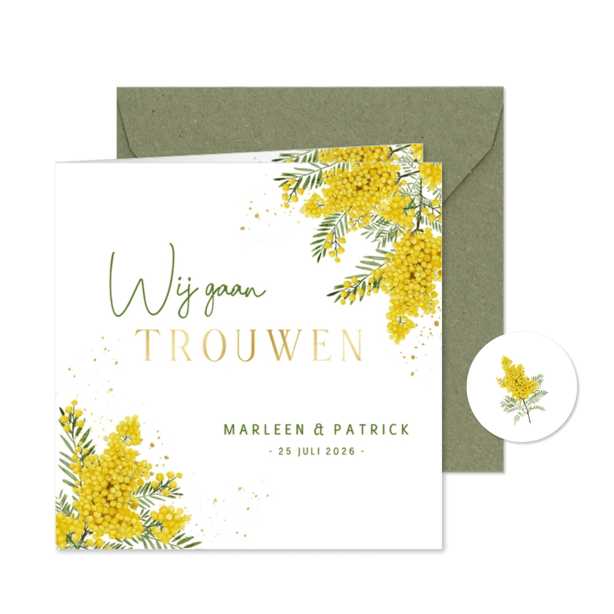 Trouwkaart botanische mimosabloemen - Kaartimpressie